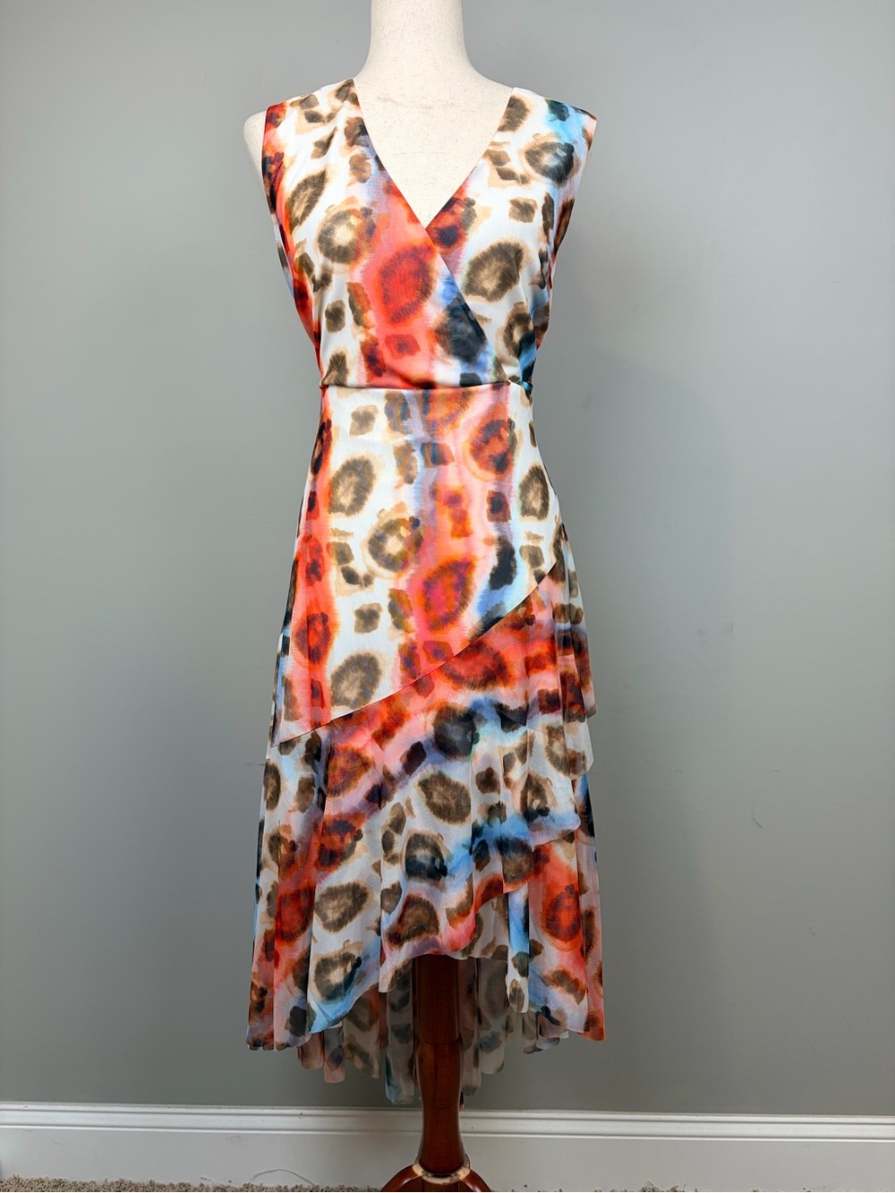 VENUS XL Faux Wrap High Low Dress Abstract Animal Print Layered Midi Dress
